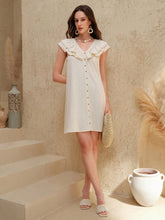 Uhlyne Women's Fashion Woven Linen Dress With Flutter Sleeves, Ruffled Trim, V-Neck Buttons Decor, Fitted A-Line Casual Resort Dress
